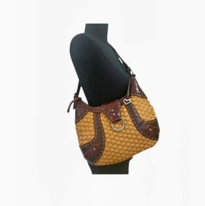 Brighton Vintage Brown Leather and Woven Shoulder Hobo Bag
